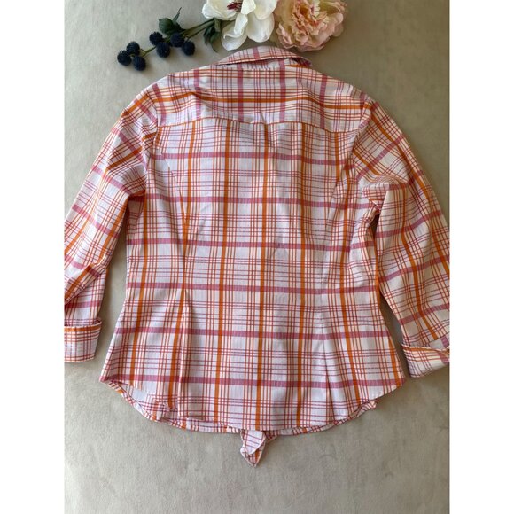 Sharagano Womens Ruffled Retro Madras Plaid Button Shirt M Preppy Cottagecore - Picture 2 of 10